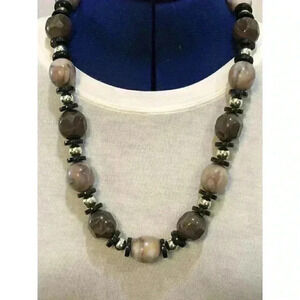 Unique Chunky Beaded Necklace Brown Beige Marbled Black‎ and Silver Tone Beads